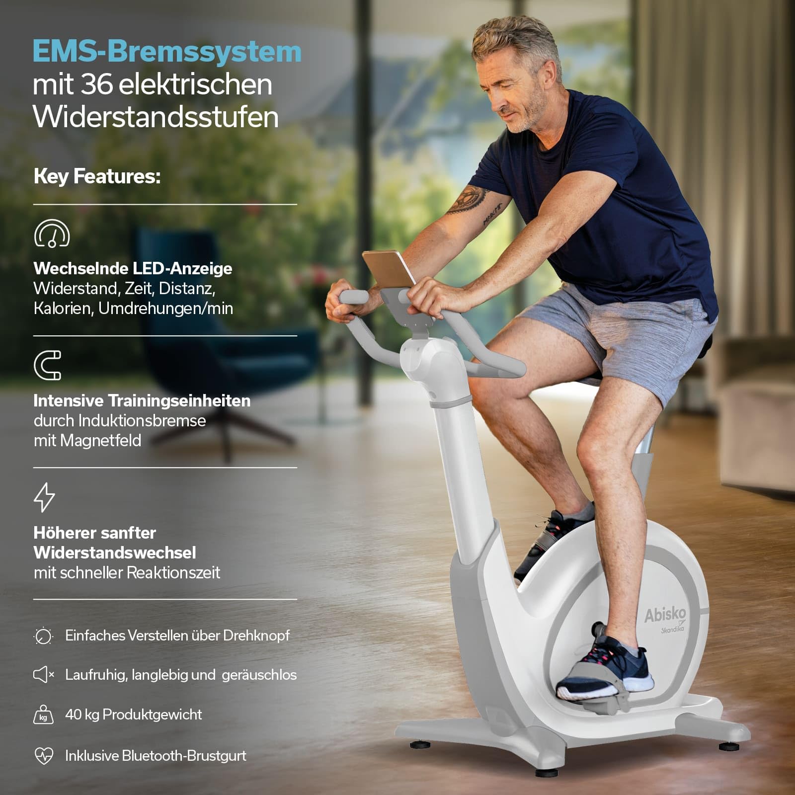 Skandika Ergometer Abisko Weltneuheit | Premium EMS-Widerstand, Smarter Heimtrainer App Steuerung, Automatische Lenker & Satteleinstellung, 36 Widerstandsstufen | Fahrrad Hometrainer für Zuhause
