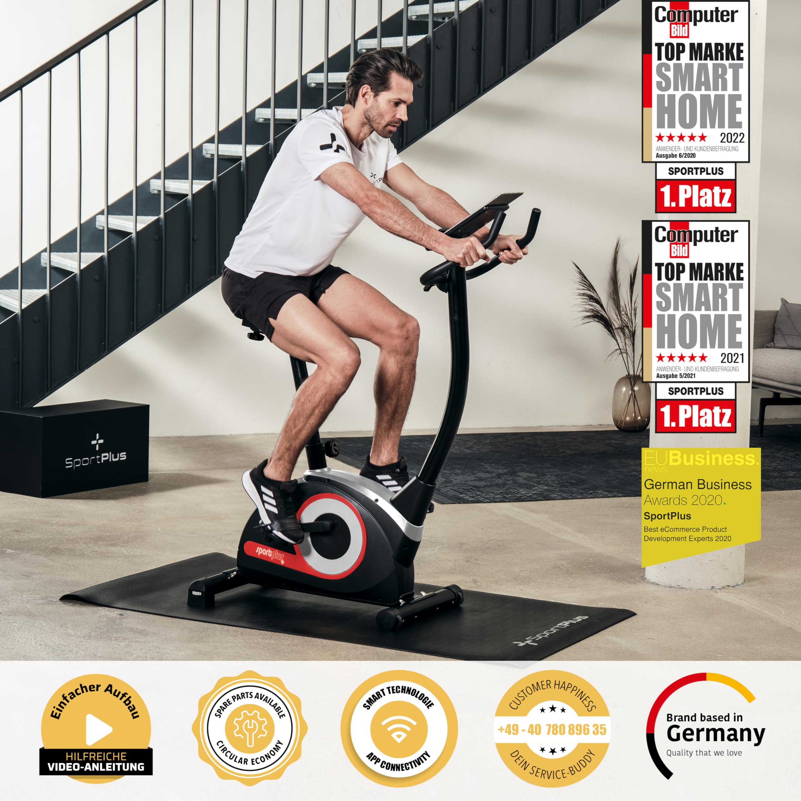 SportPlus Heimtrainer Fahrrad Compact - Fitness Bike mit 24 Widerstandsstufen - Ergometer Heimtrainer integrierte Herzfrequenz-Messer & App kompatibel - Designed in Germany - bis 120kg