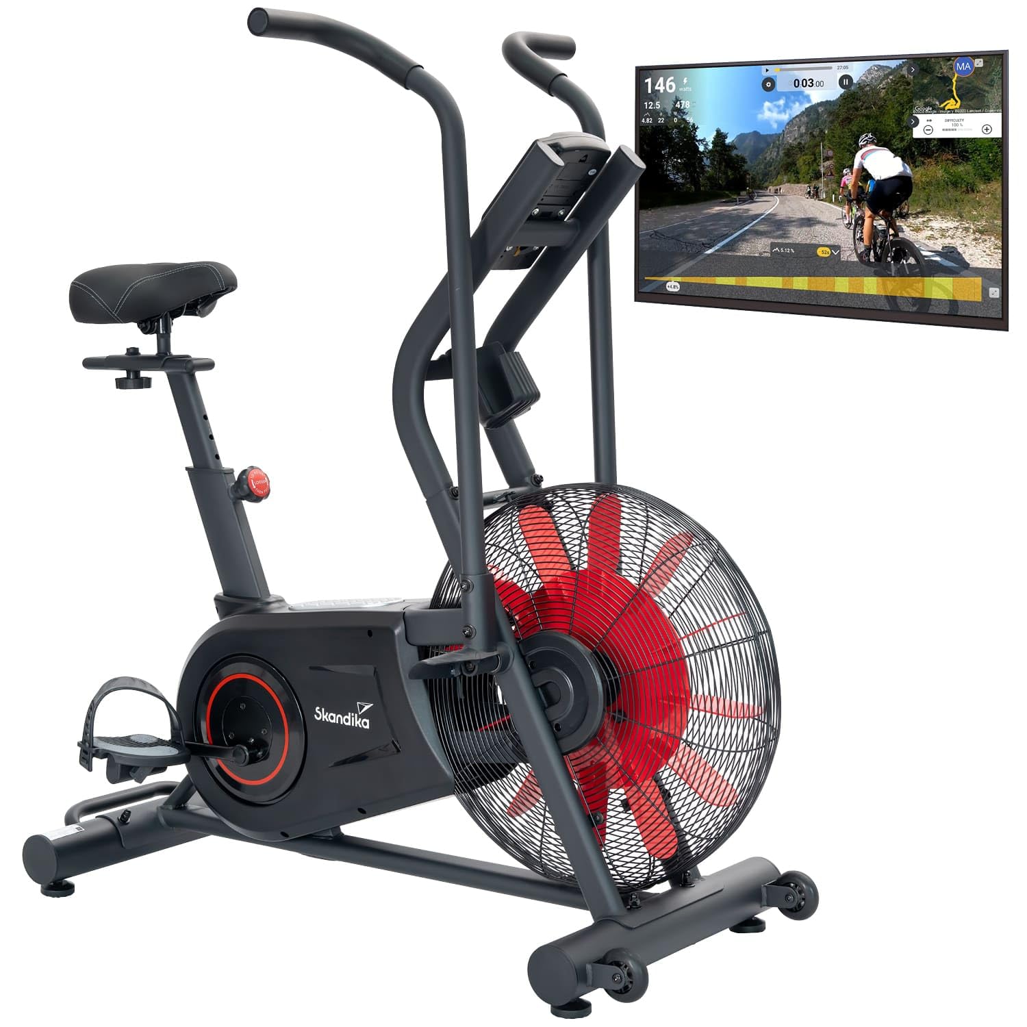 Skandika Airbike Cykling Air | Heimtrainer mit Luftwiderstand, Ganzkörper-Workout für Zuhause, 7 Trainingsprogramme inklusive manuellem Intervalltraining, HIIT, bis 135 kg, bis 200 cm | Spinning Bike