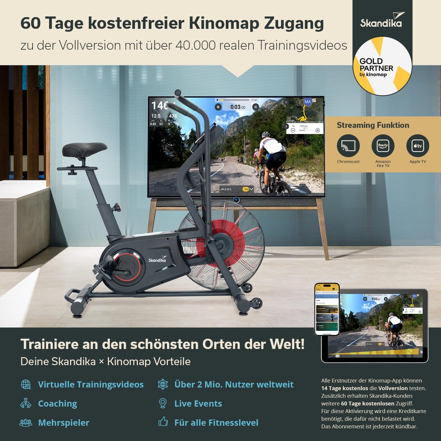 Skandika Airbike Cykling Air | Heimtrainer mit Luftwiderstand, Ganzkörper-Workout für Zuhause, 7 Trainingsprogramme inklusive manuellem Intervalltraining, HIIT, bis 135 kg, bis 200 cm | Spinning Bike