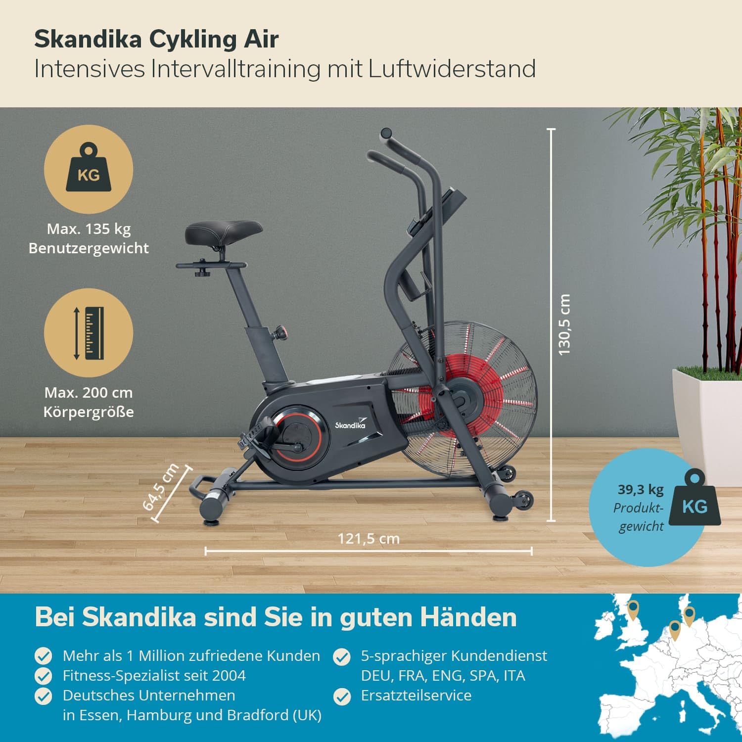 Skandika Airbike Cykling Air | Heimtrainer mit Luftwiderstand, Ganzkörper-Workout für Zuhause, 7 Trainingsprogramme inklusive manuellem Intervalltraining, HIIT, bis 135 kg, bis 200 cm | Spinning Bike