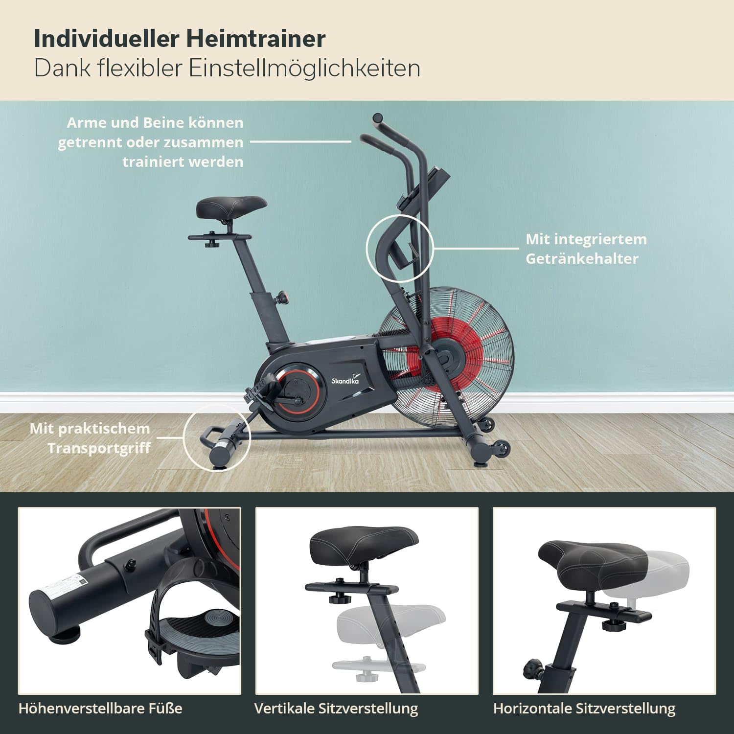 Skandika Airbike Cykling Air | Heimtrainer mit Luftwiderstand, Ganzkörper-Workout für Zuhause, 7 Trainingsprogramme inklusive manuellem Intervalltraining, HIIT, bis 135 kg, bis 200 cm | Spinning Bike