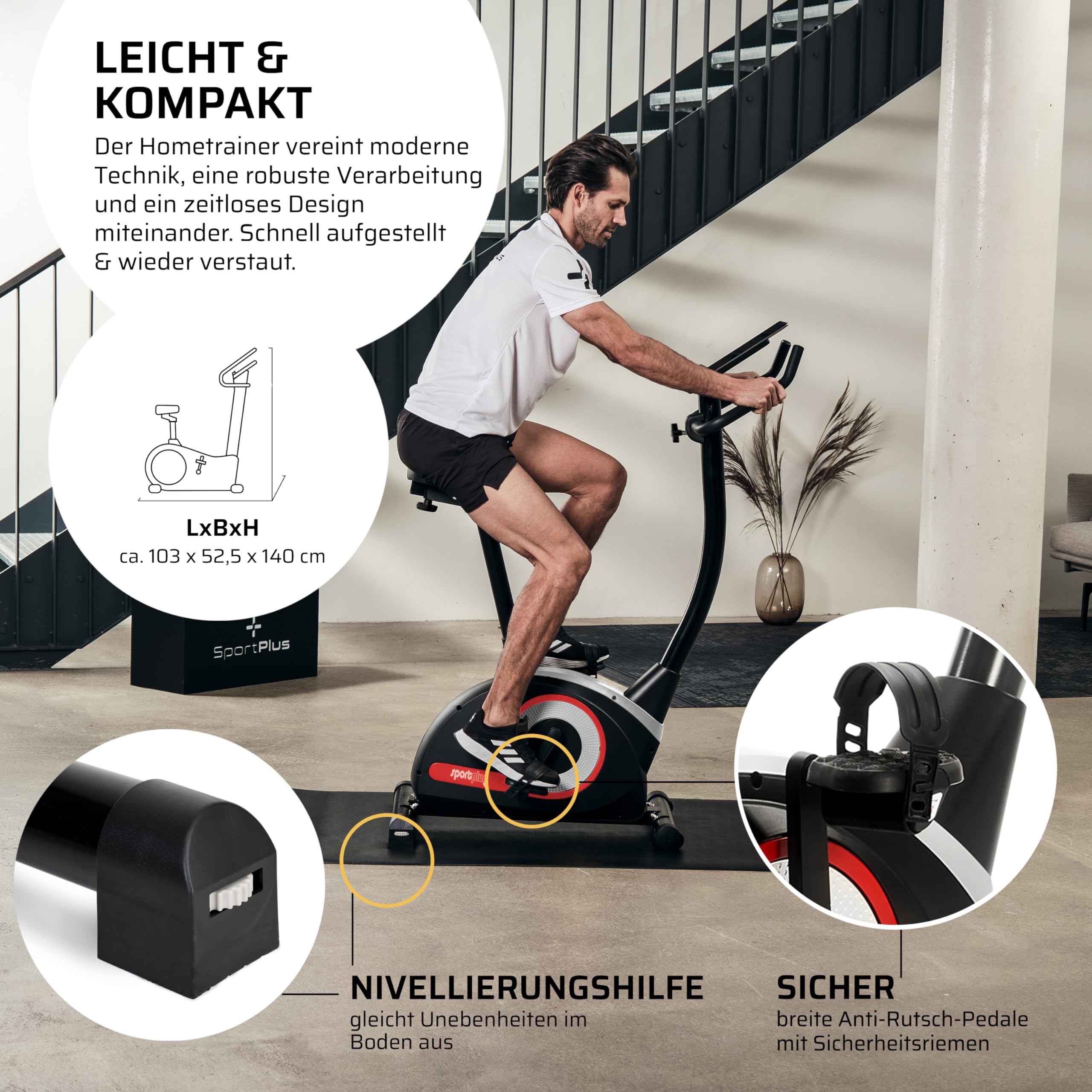 SportPlus Heimtrainer Fahrrad Compact - Fitness Bike mit 24 Widerstandsstufen - Ergometer Heimtrainer integrierte Herzfrequenz-Messer & App kompatibel - Designed in Germany - bis 120kg