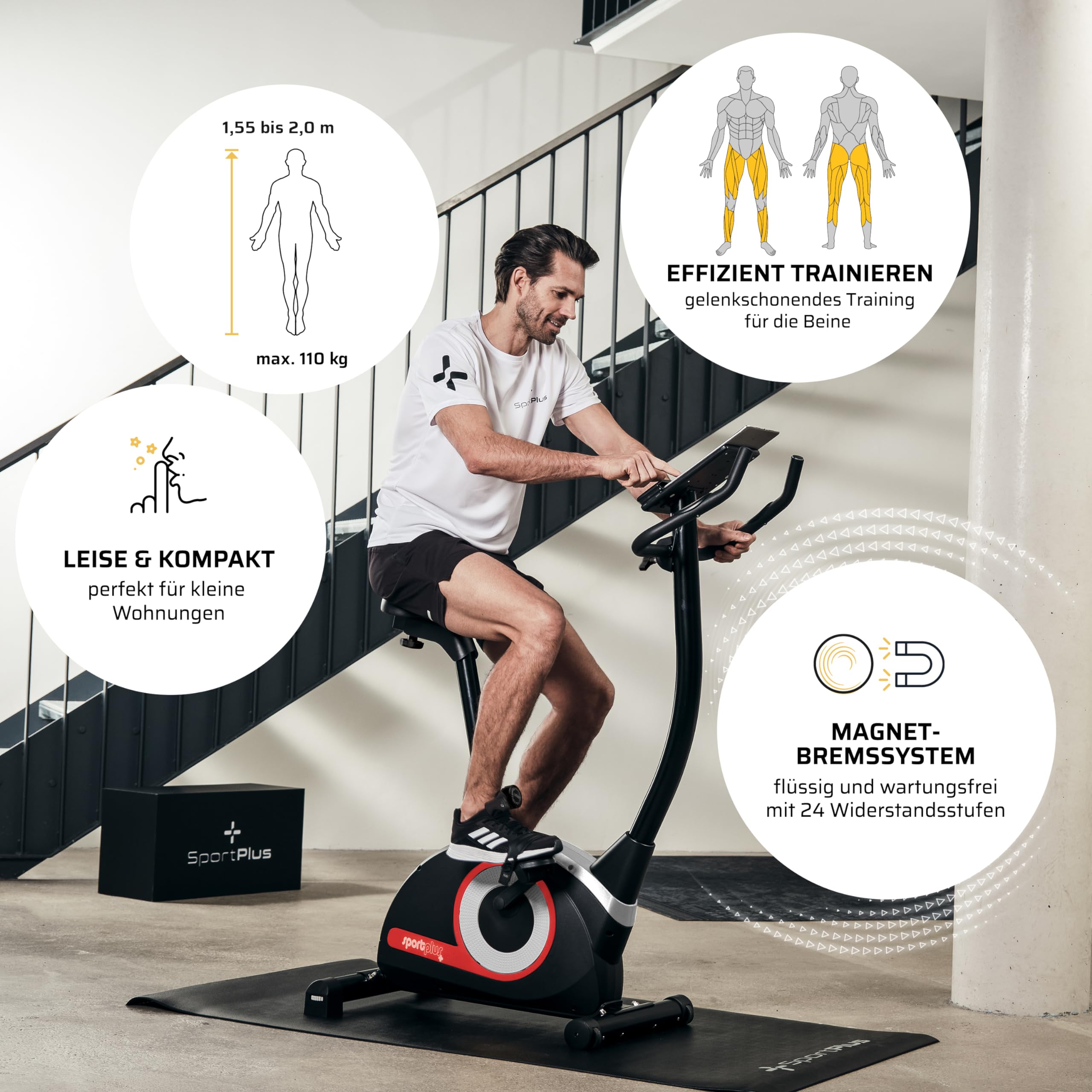 SportPlus Heimtrainer Fahrrad Compact - Fitness Bike mit 24 Widerstandsstufen - Ergometer Heimtrainer integrierte Herzfrequenz-Messer & App kompatibel - Designed in Germany - bis 120kg