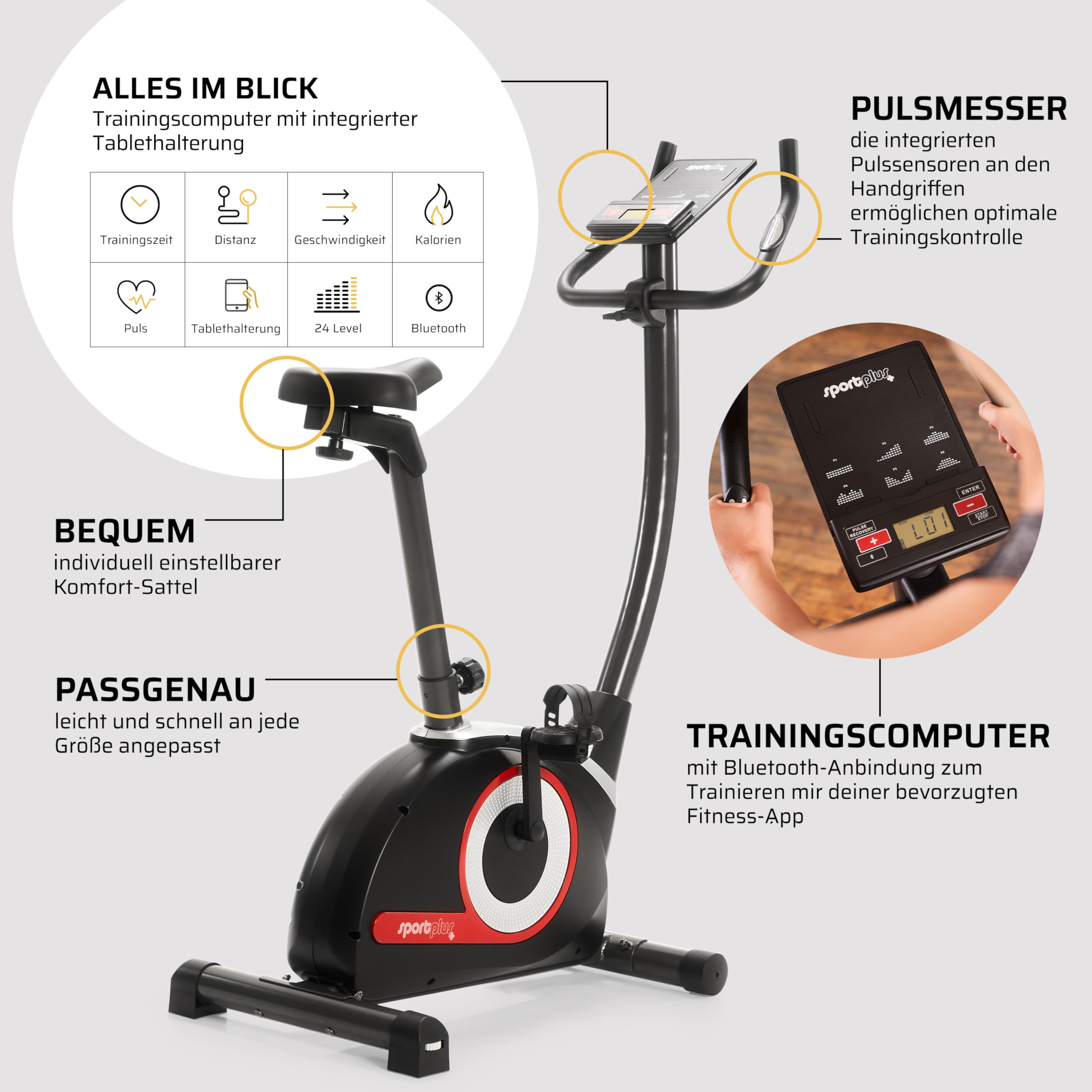 SportPlus Heimtrainer Fahrrad Compact - Fitness Bike mit 24 Widerstandsstufen - Ergometer Heimtrainer integrierte Herzfrequenz-Messer & App kompatibel - Designed in Germany - bis 120kg